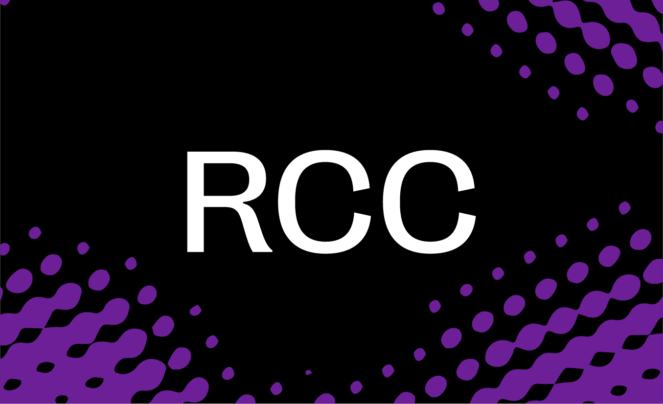 Black and purple banner with the white text "RCC" in the centre.
