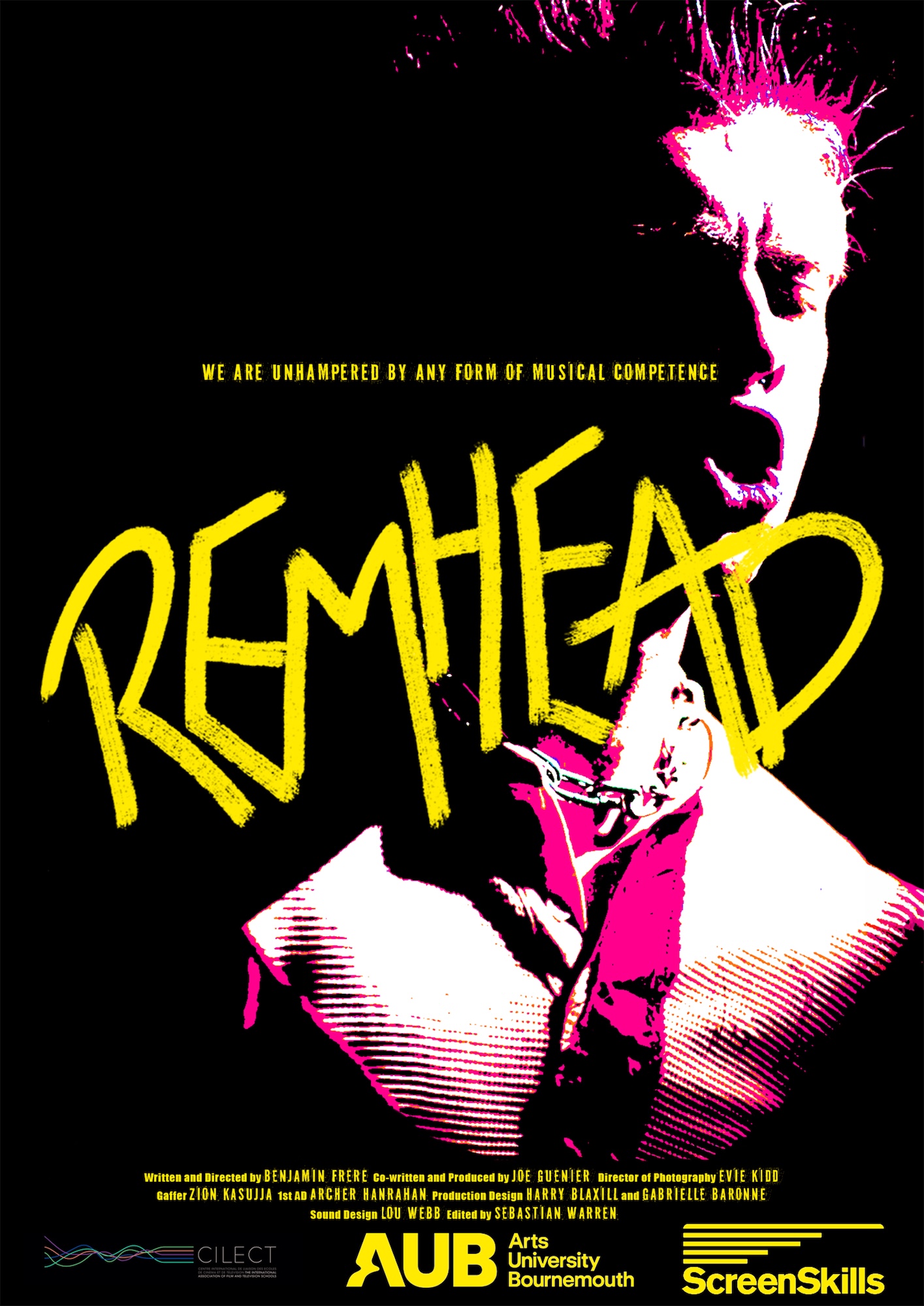 A promotional poster for the production 'REMHEAD' features a man singing passionately, with bright yellow text stating 'Remhead' prominently. The background is black and pink, and the poster includes details of the production and associated institutions.