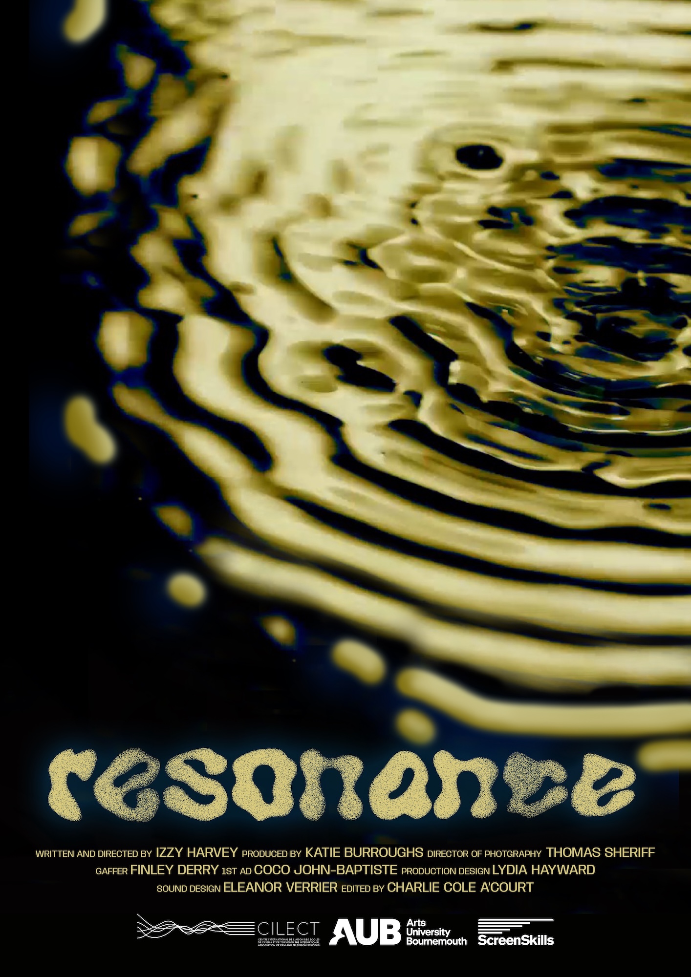 An abstract image featuring concentric ripples on the surface of water, creating a pattern against a dark background. The word "resonance" is prominently displayed in stylised, white lettering at the bottom, accompanied by film credits.