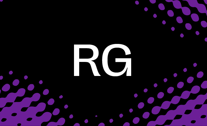 Black tile with purple pixellated accents and the initials RG in the centre.
