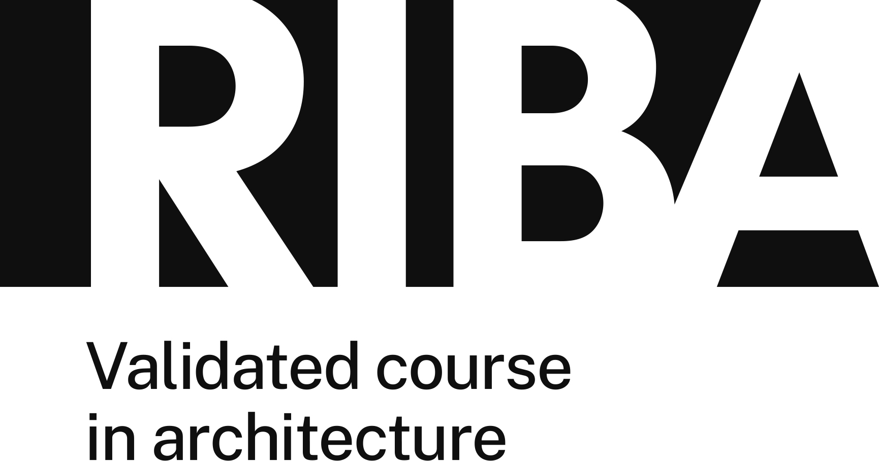 RIBA logo with large white letters on black background, text below reads "Validated course in architecture" on white.