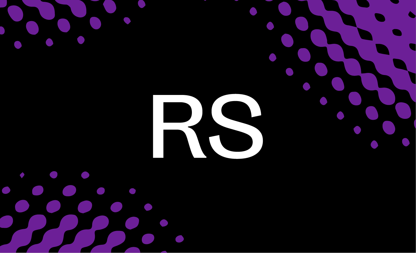 Black and purple banner with the white text "RS" in the centre.
