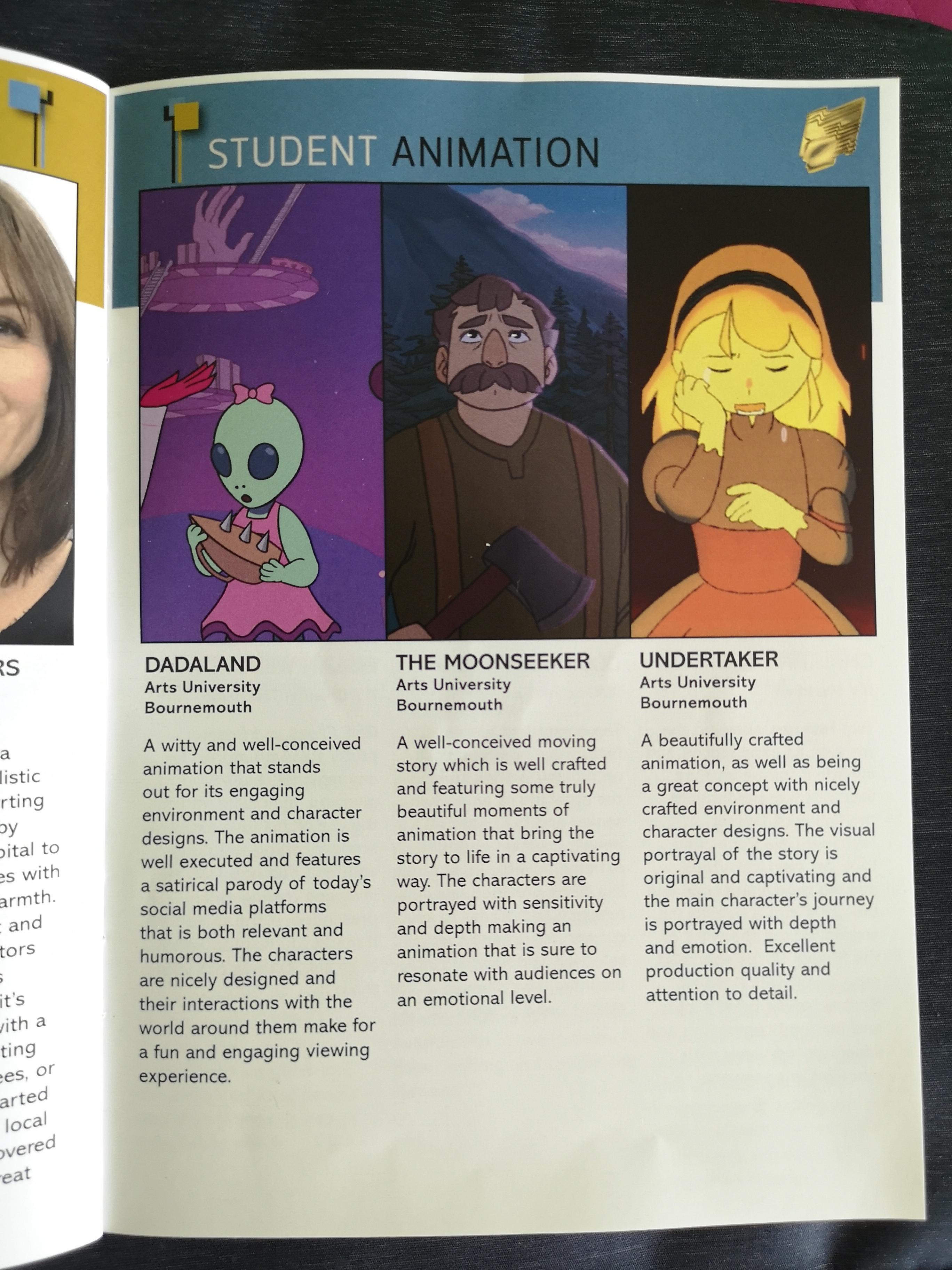 Page of a programme showing three columns of text and animation stills.