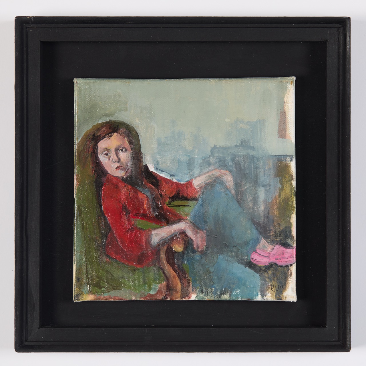 A painting of a young woman sitting in a green armchair with her legs crossed. She has long reddish-brown hair and is wearing a red top and blue jeans, with pink shoes visible. The background features a subtle abstract design in muted tones.