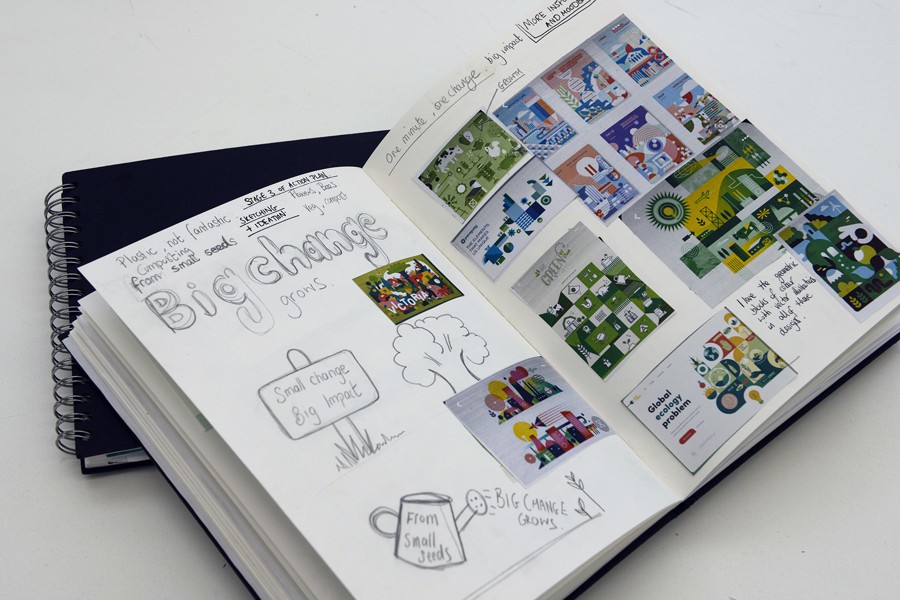 Sketchbook with graphics cuttings and hand-drawn illustrations, with handwritten captions and annotations.