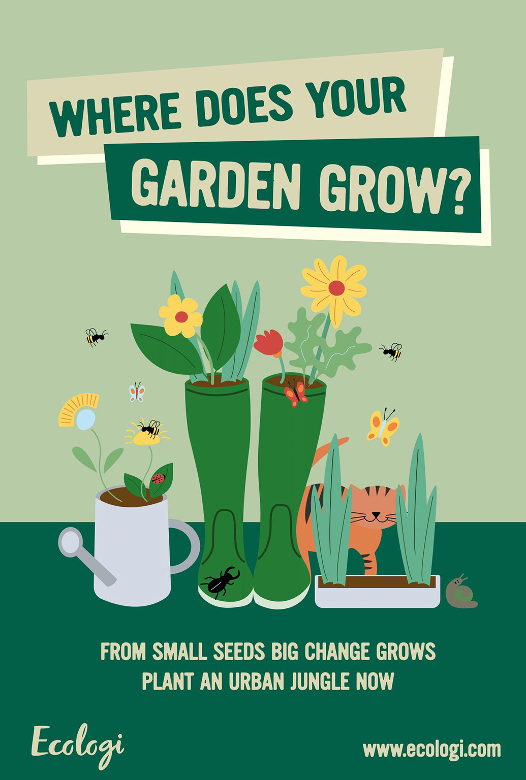 Poster with illustrations of plants growing out of a watering can, a pair of boots and a shallow tray with a cat behind it. The main text appears above these illustrations and reads 'Where does your garden grow?'