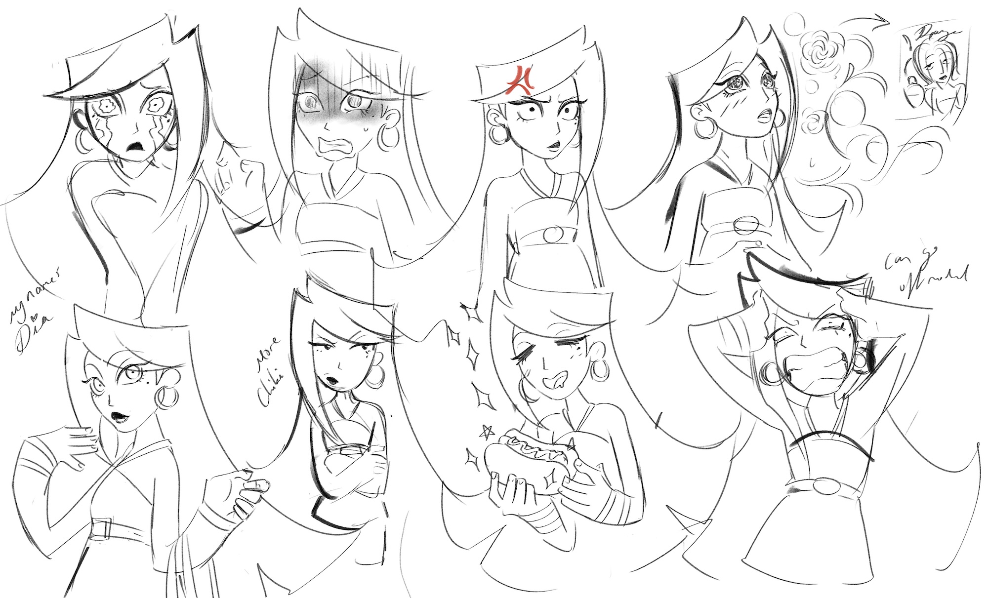 Funky sketch illustrations of girl character with long hair in eight different expressions/poses.