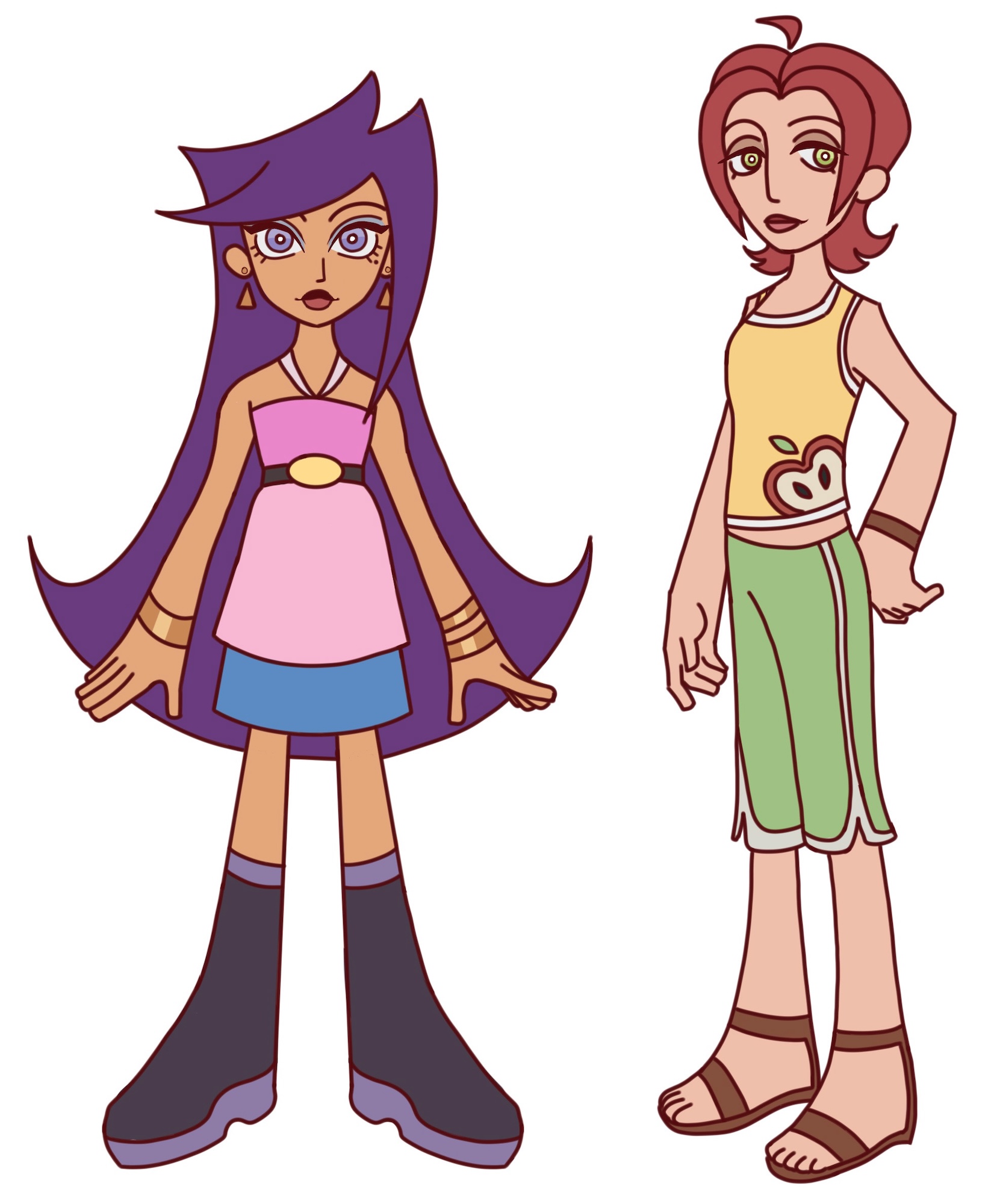 Two characters, one with purple hair, pink dress and big boots, the other with yellow top, green shorts and sandals with ginger hair, white background.