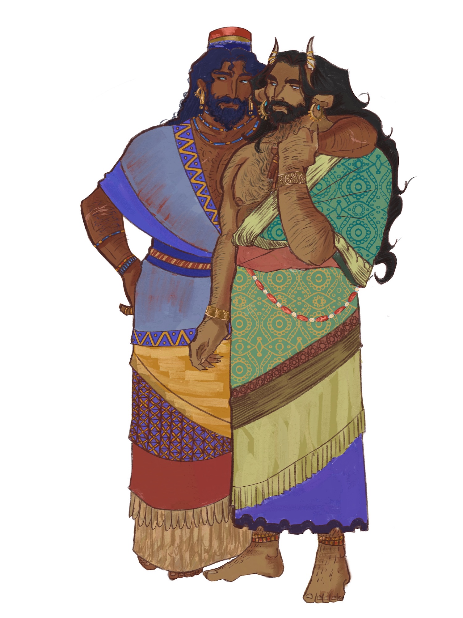 Two vibrant characters with long hair, facial hair and horns wearing colourful, patterned garments.