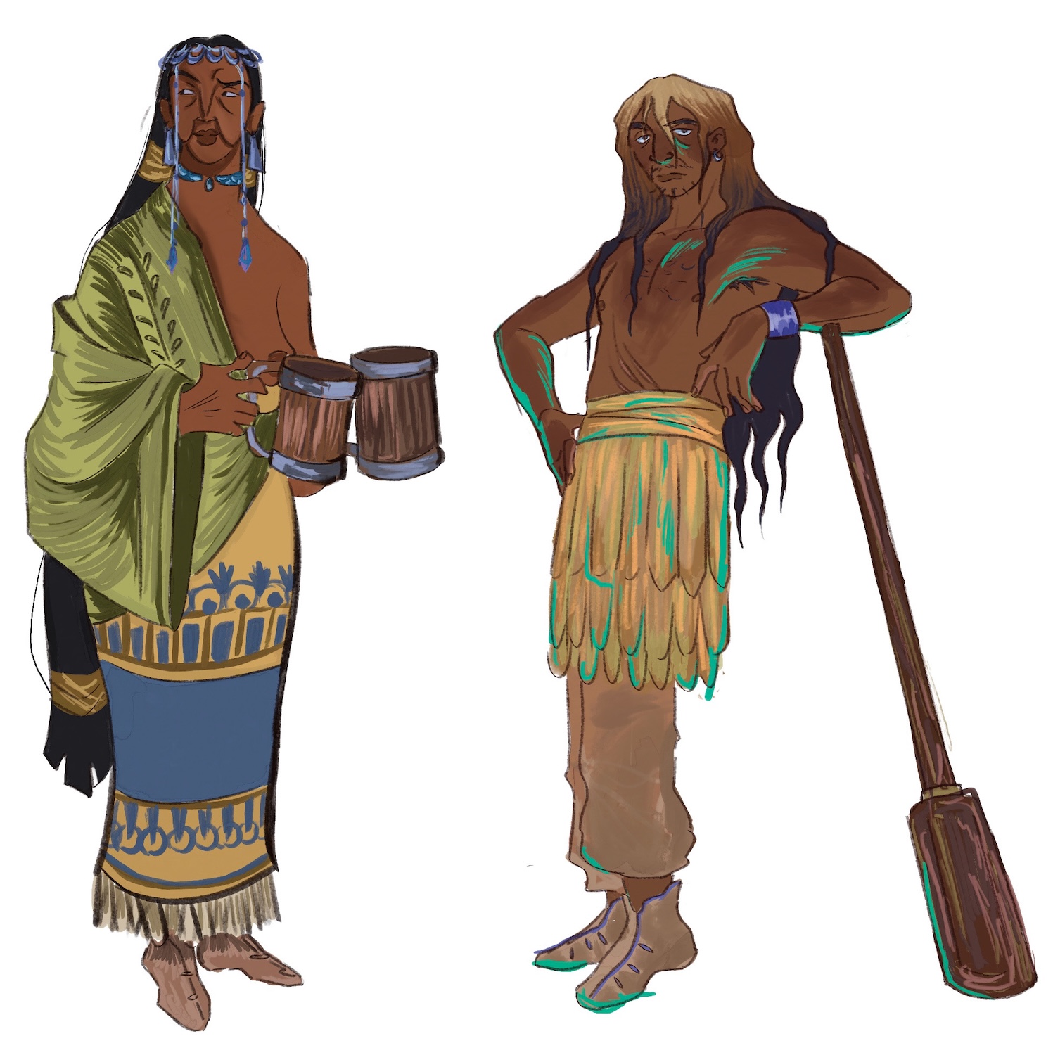 Illustration of two vibrant characters, one holding wooden mugs, the other balancing on wooden object, both wearing garments with colourful patterns in yellow, blue and green.