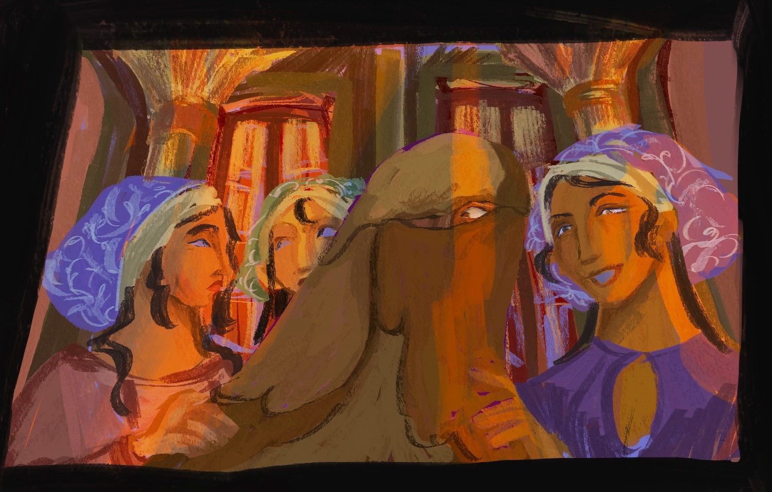 Vibrant illustration of characters in blue and yellow headdress, one wearing full headdress with only eyes visible, temple background and orange sun tones.