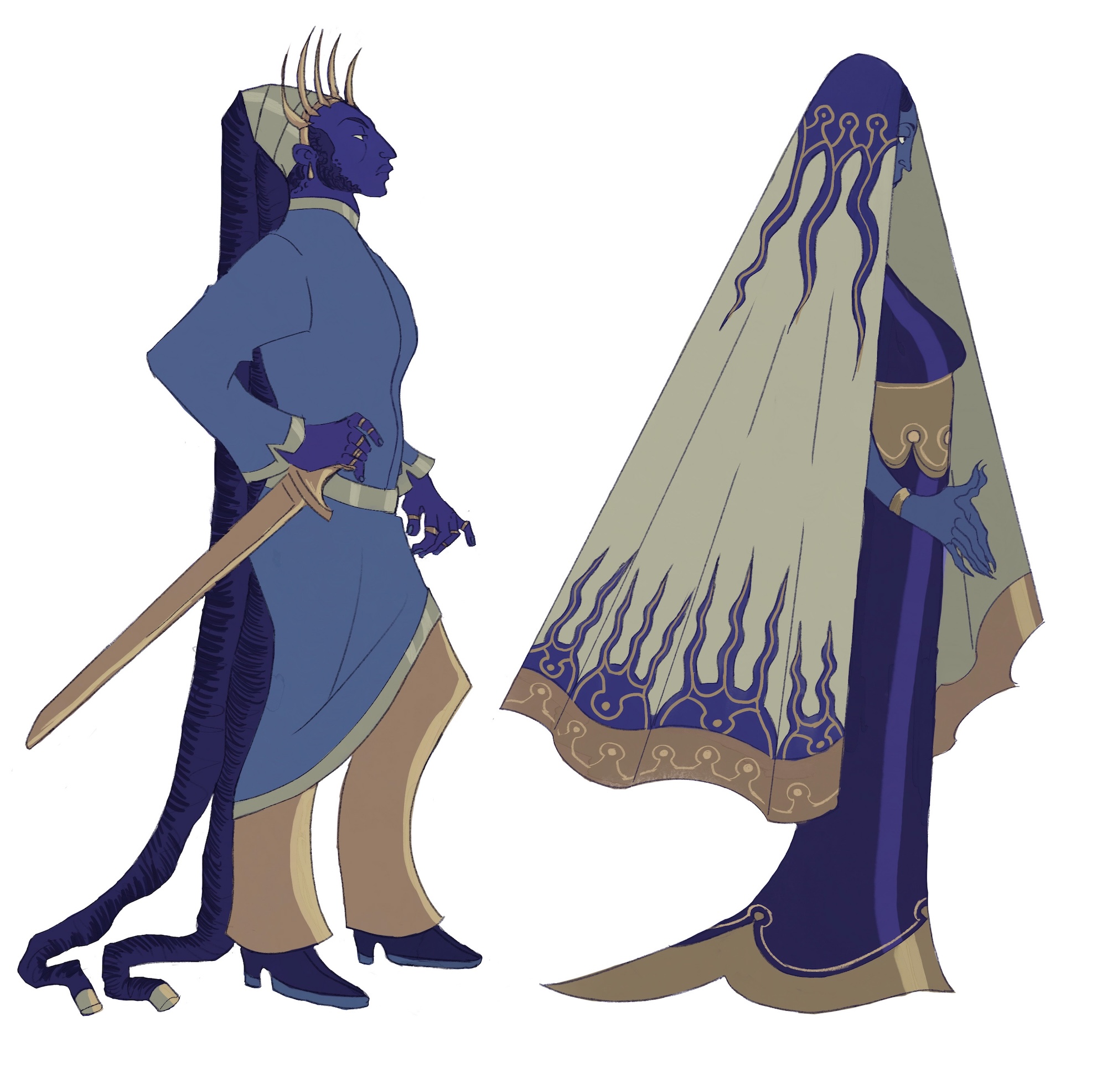 Two blue-skinned fantasy creature, one wearing a blue tunic and holding a sword, the other wearing a blue and gold gown and long veil.