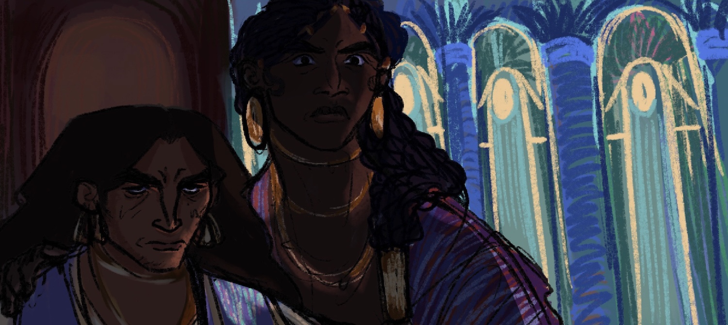 Illustration of two characters with serious/tired expressions in dim light, colourful golden/green and blue arches in the background.
