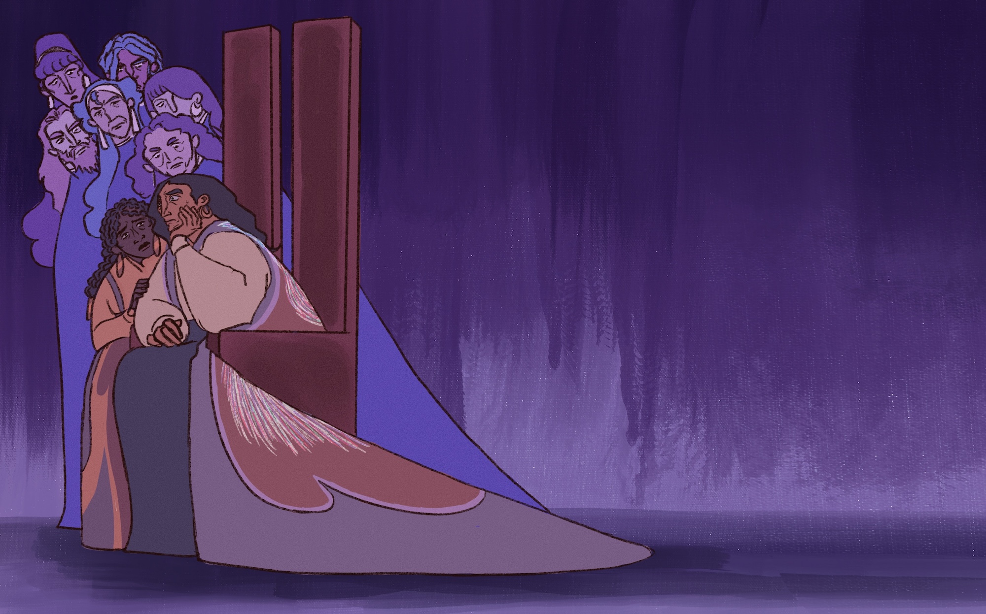 Illustration of person sat on throne to the left with person holding their arm sorrowfully, others behind, purple background.