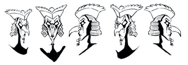 Five black and white illustrations of an animated character's head and neck, viewed from various angles.