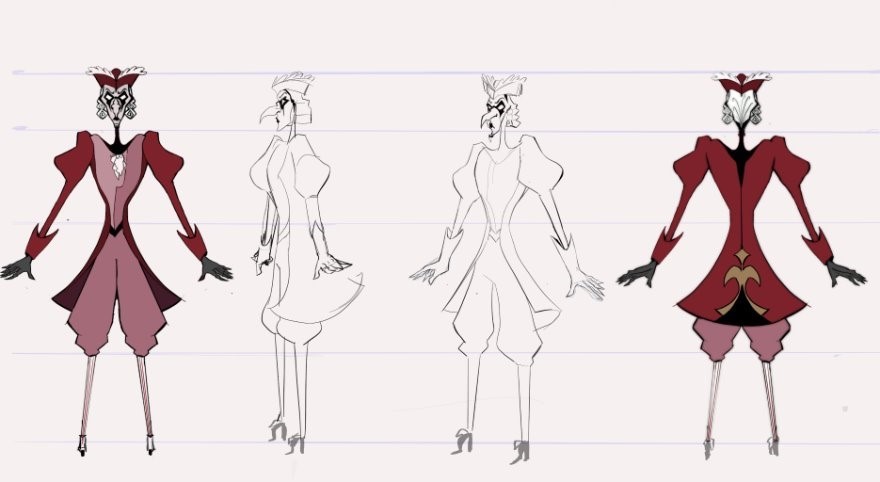 Two colour illustrations and two line drawings of an animated character in 18th century-style costume, viewed from the front, side and back.