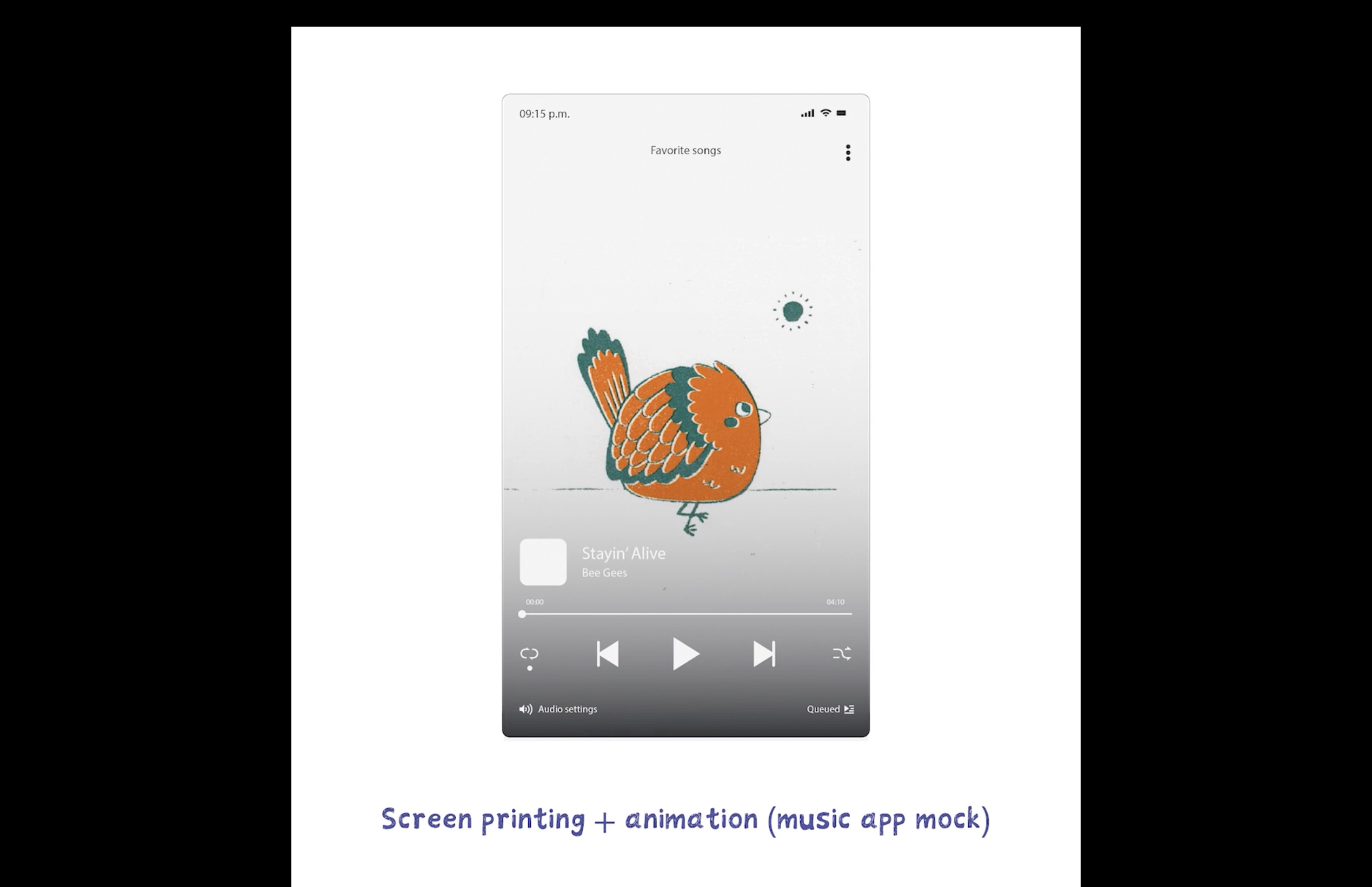 A music app mock-up shown on a smartphone screen, featuring a colourful illustrated bird in the centre and playback controls along the bottom.