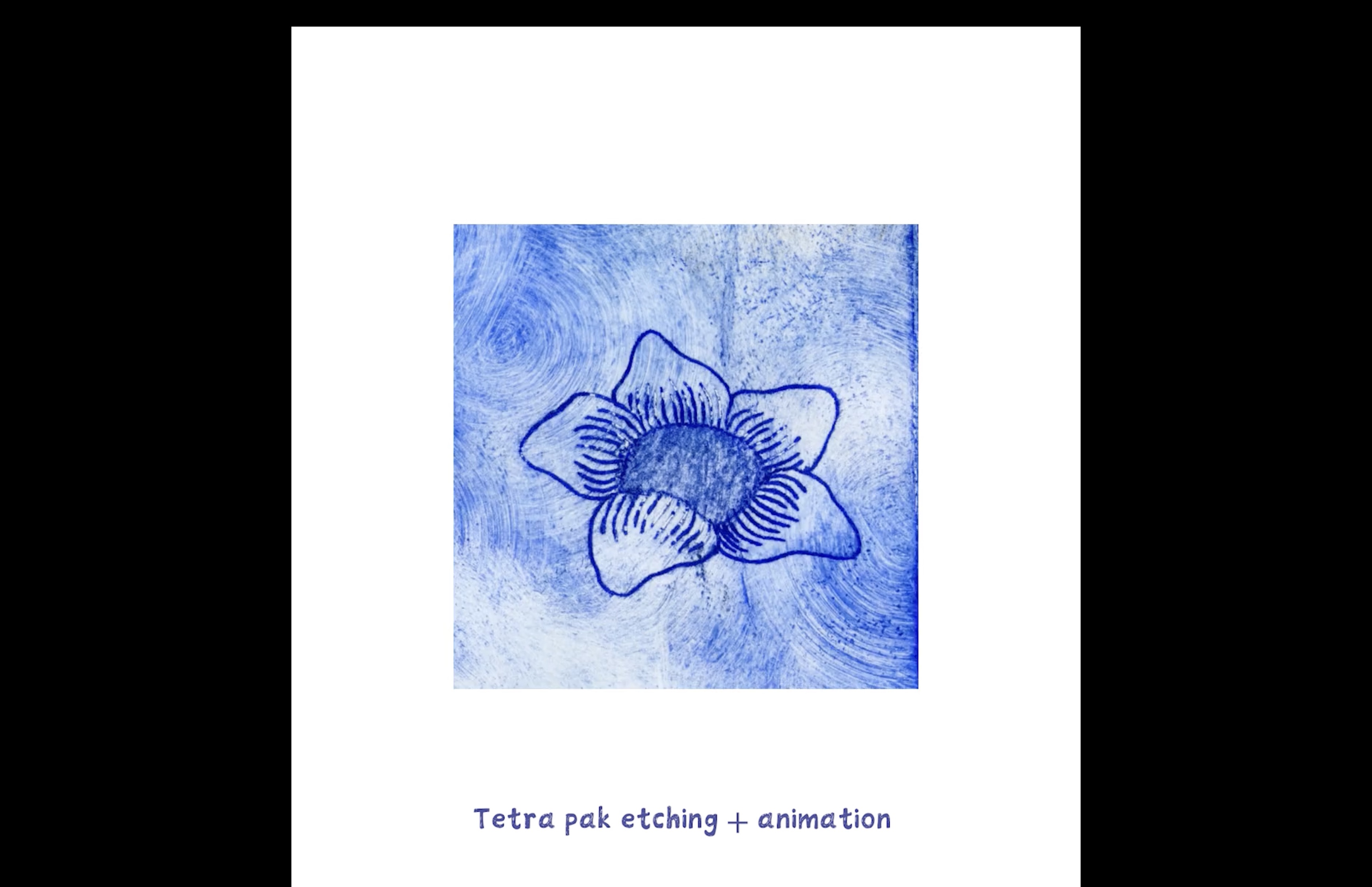 A blue floral etching on a white square background, with the text 'Tetra pak etching + animation' below.