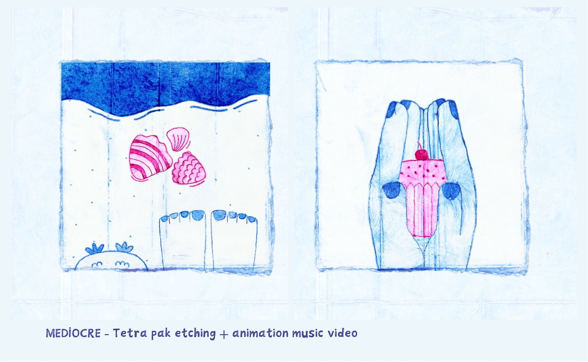 Two simple blue and pink children’s drawings on white paper, with a small printed caption along the bottom edge.