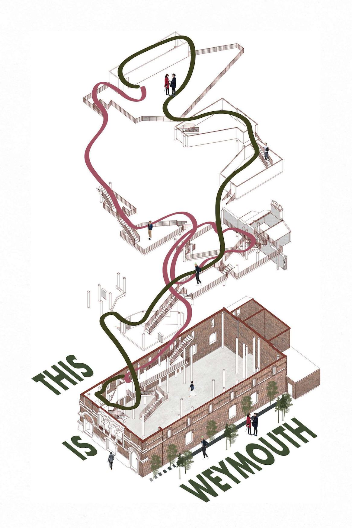 An architectural illustration of a building with upward flowing green and pink lines, with text that reads 'This Is Weymouth'