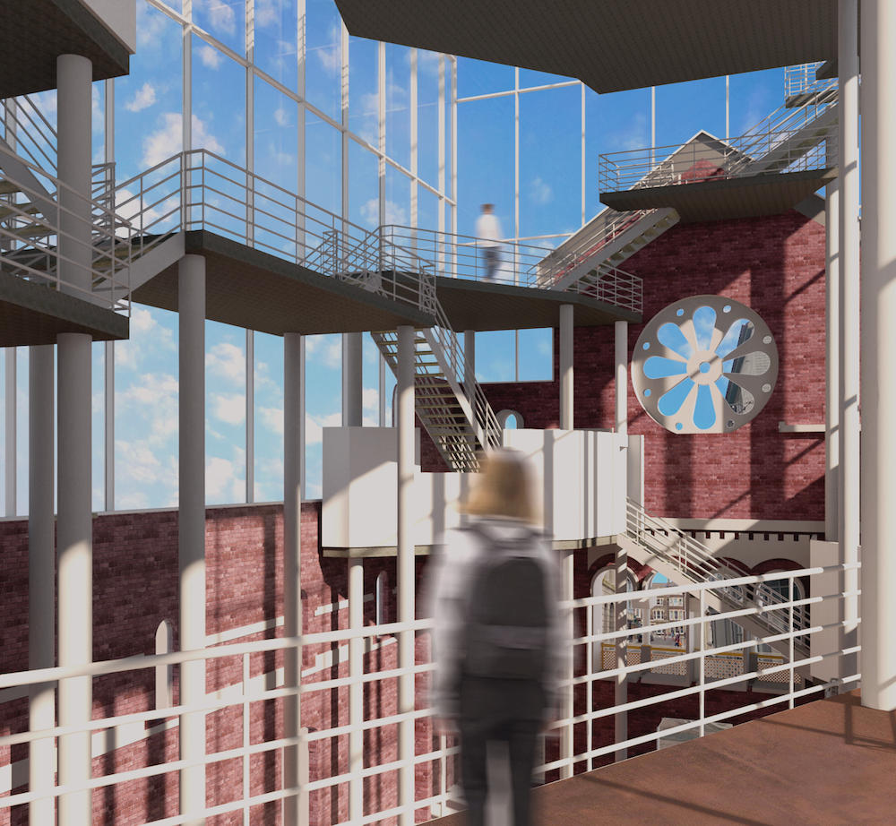 Multi-level interior space with glass ceiling, metal staircases, red brick walls, white railings, and blurred figure walking across platform.