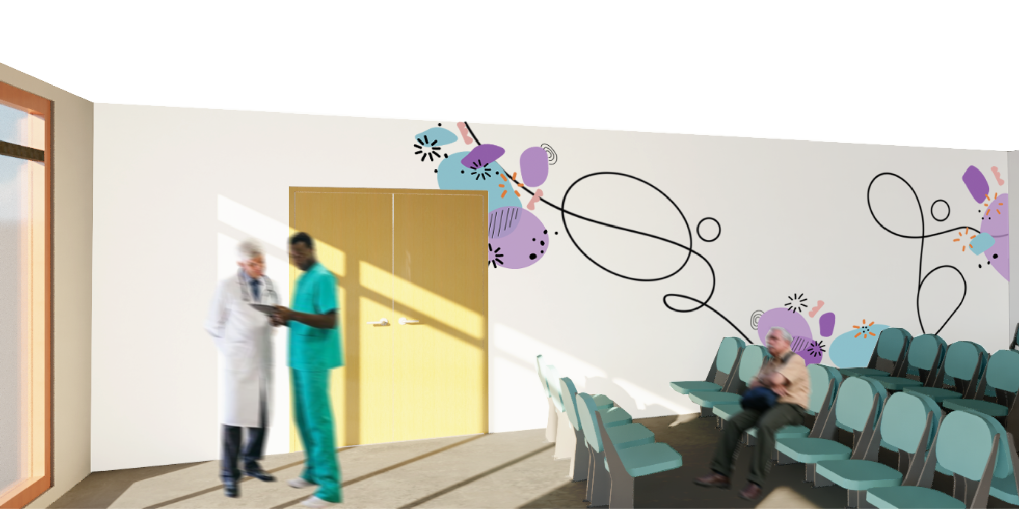 A mock-up of an NHS clinic waiting room with a blue and purple decorative design on white walls. A doctor and nurse talk next to a set of double doors. An older person sits on one of a row of seats on the right-hand side.
