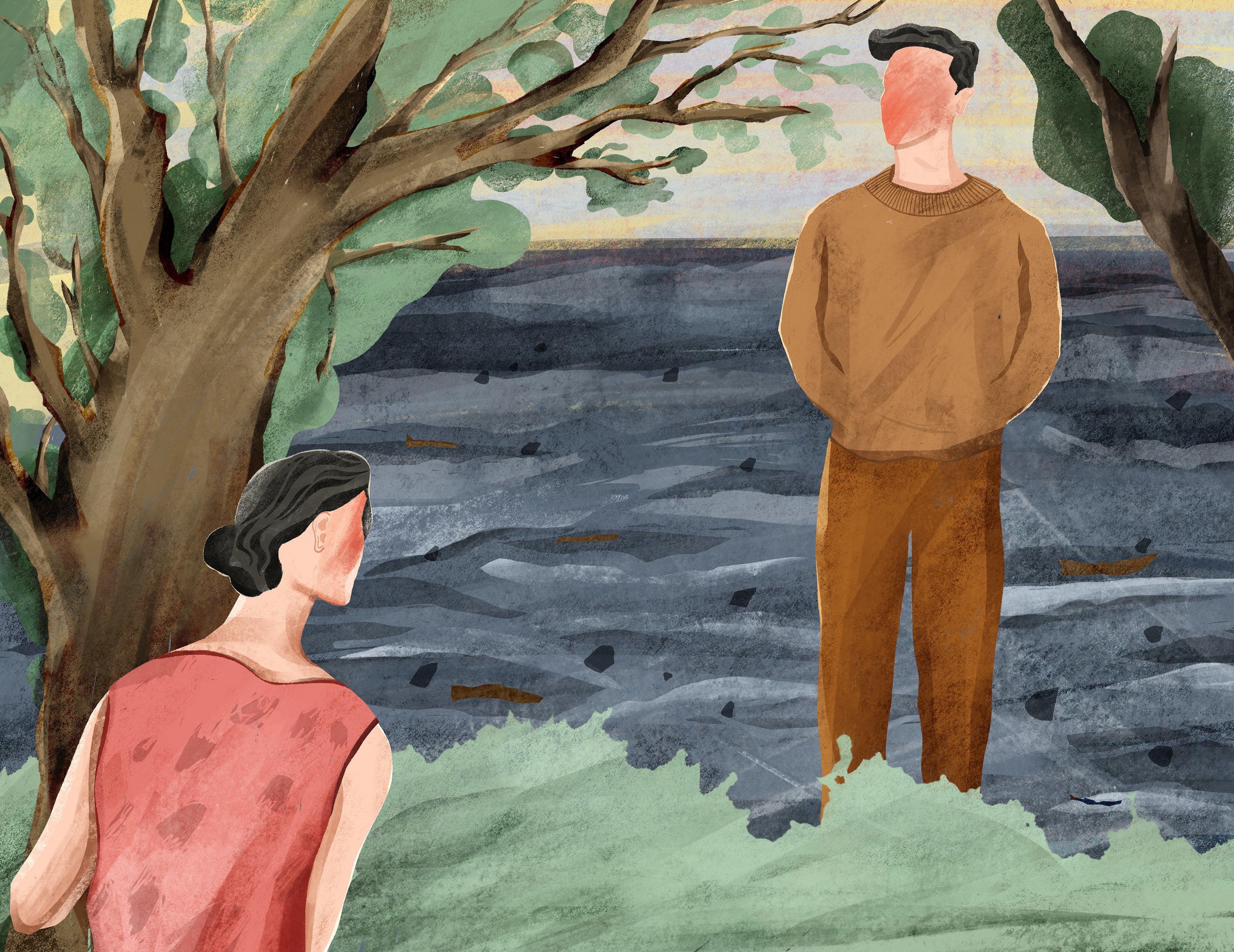 Illustration of a woman standing by a tree looking at a man standing in water.