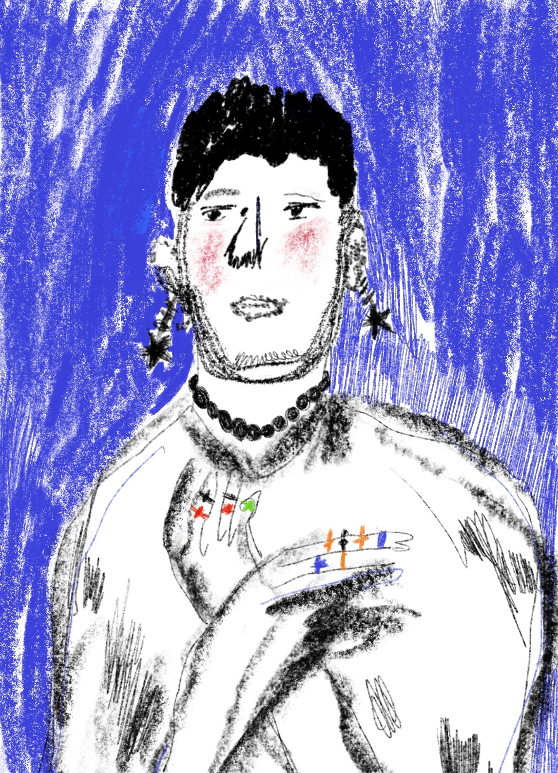Portrait illustration of a person wearing colourful rings and dangly earrings.