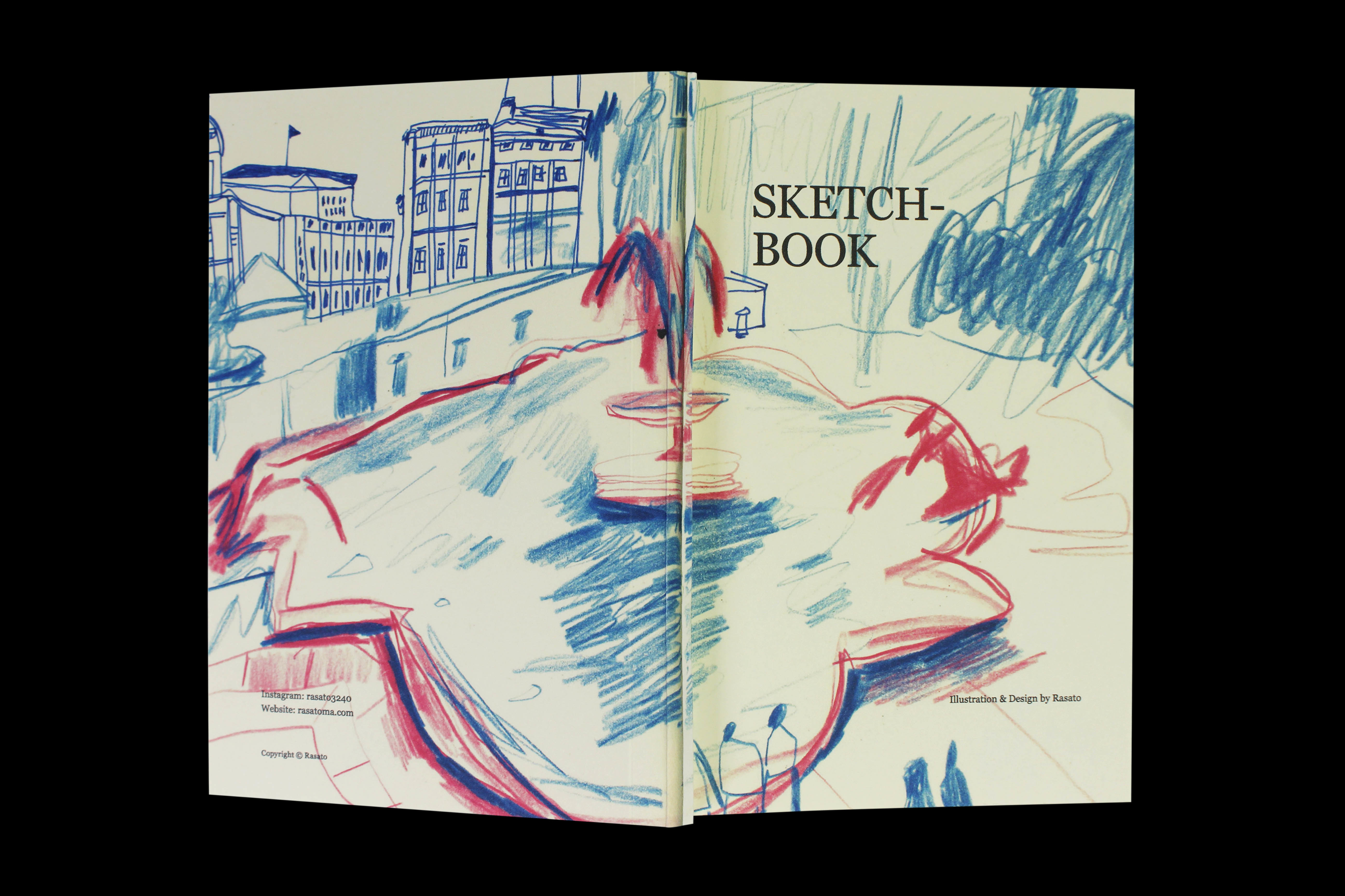 Back and front covers of a book with a colour sketch illustration of a fountain and buildings in the background. The word "Sketch-book" appears on the right-hand cover.