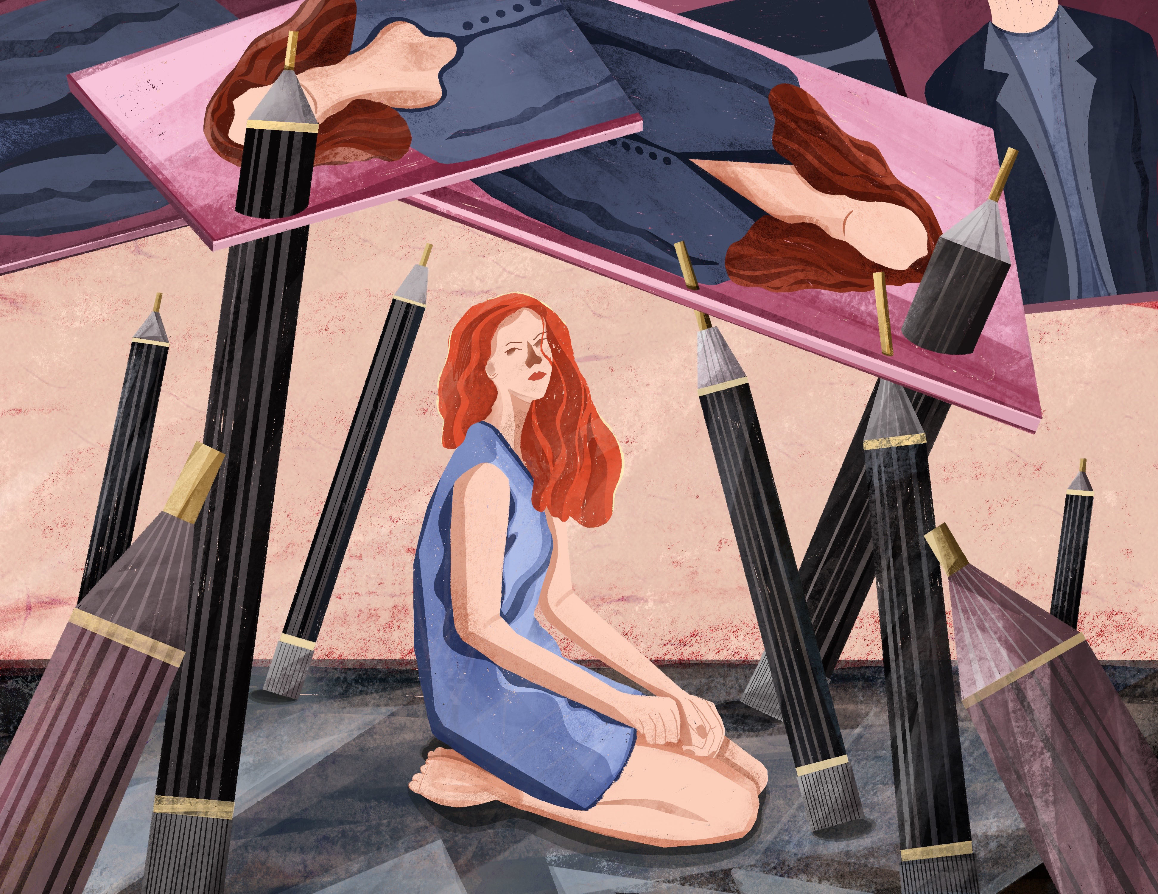 Illustration of a woman kneeling down surrounded by giant pencils.