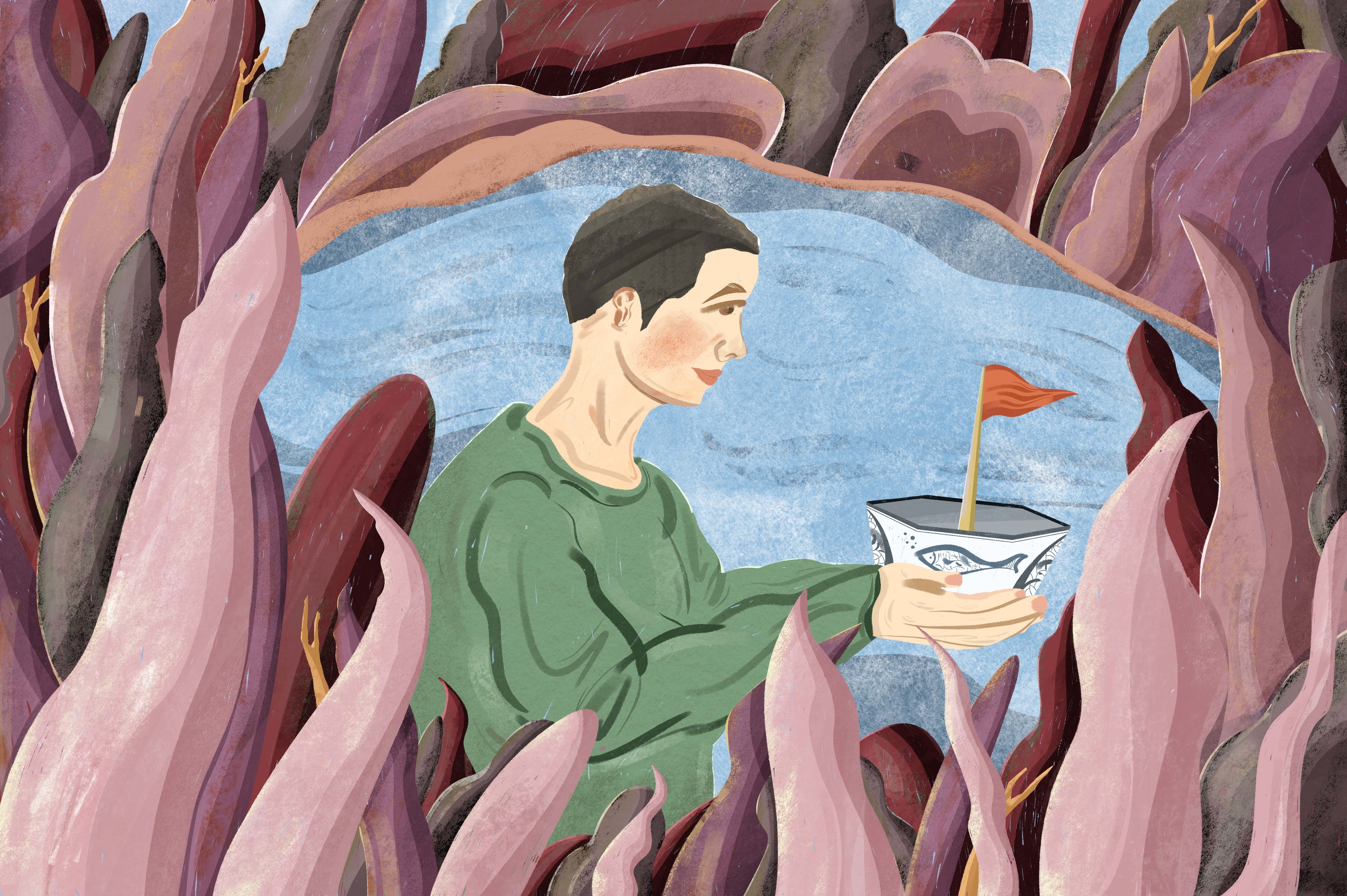 Illustration of a person in a green jumper holding a bowl with a flag in it, surrounded by rocks and a pool of water.