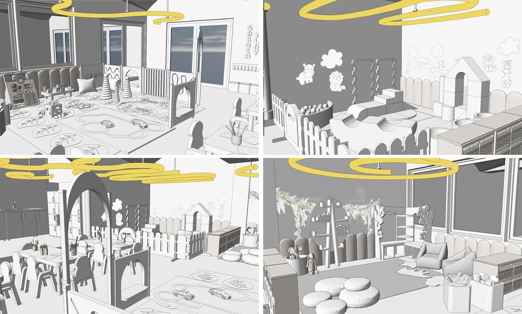 Grid of four concept artworks/models showing different parts and angles of a nursery room, with various toys, play areas, and furniture in the different locations.
