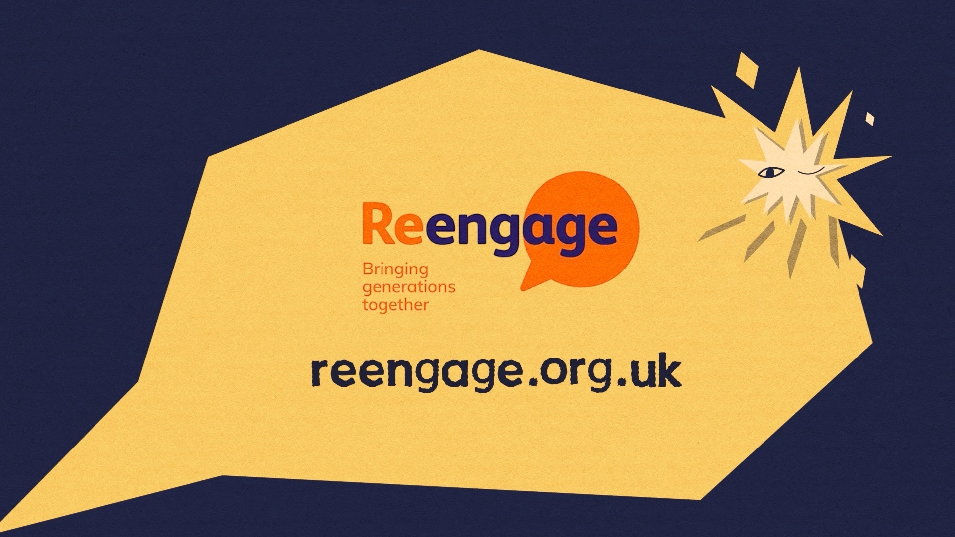 Yellow irregular shape on dark blue background with orange circle, "Reengage" text and website URL, plus white starburst design.