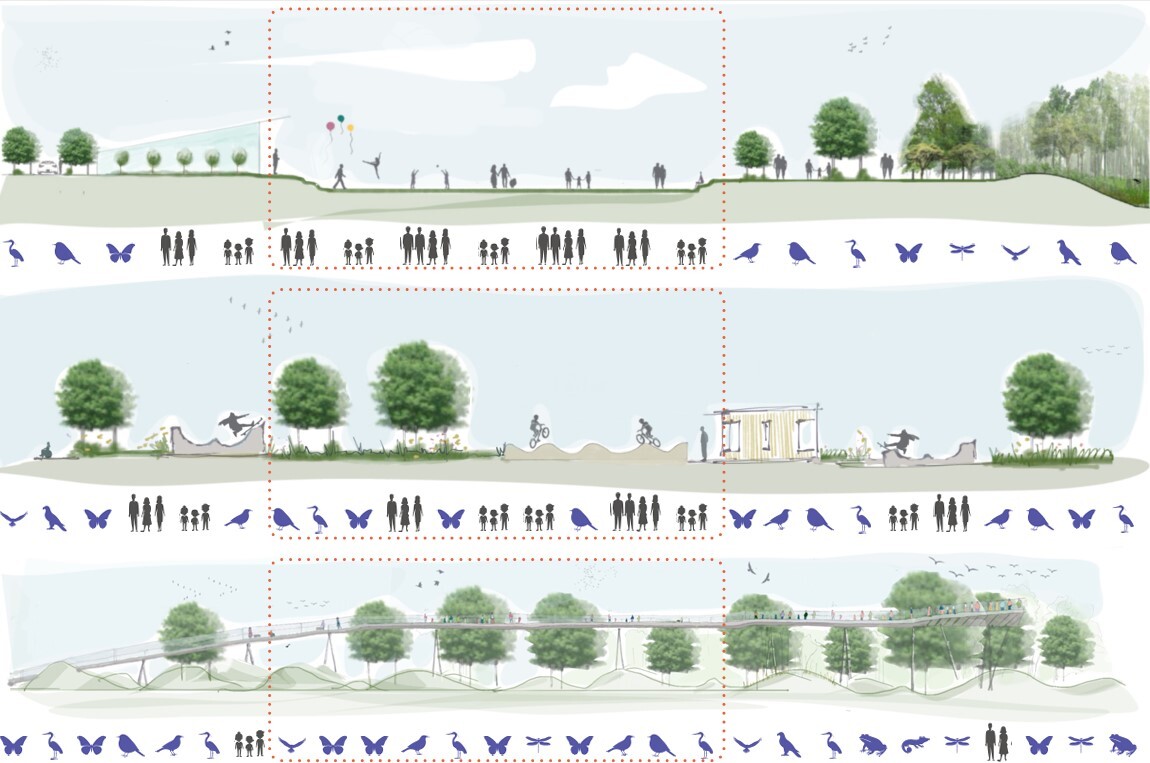 Architectural elevation drawings showing three horizontal sections with green trees, small human figures, and purple bird silhouettes on pale blue background.
