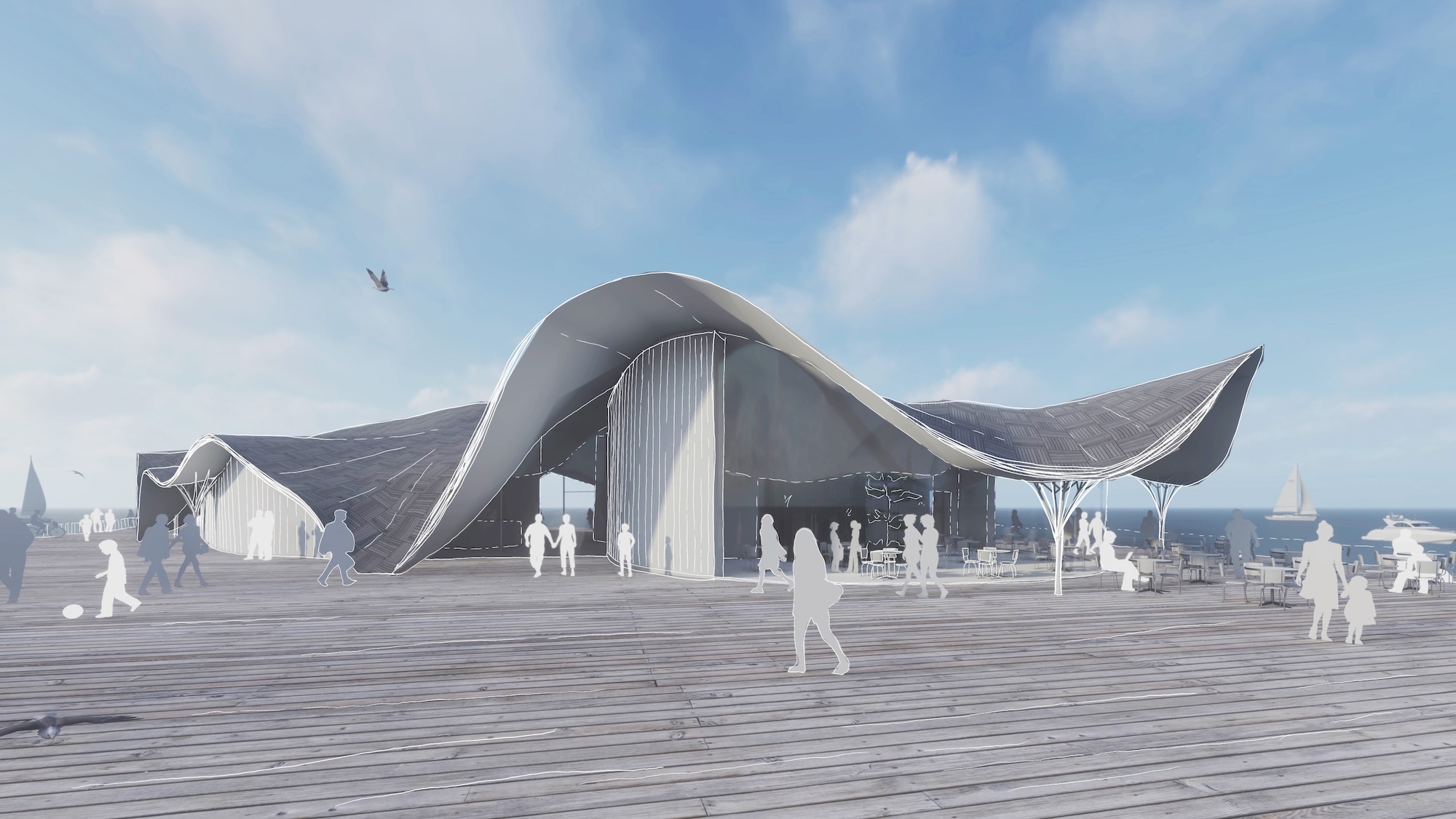 Architectural mock-up of a building with a rippling or wavy sloping roof, with a wooden decking throughout and silhouettes of several people appearing throughout.