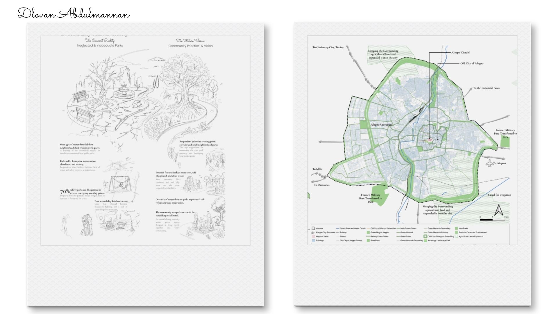 Slide with detailed images of architectural plans and maps from a bird's-eye view, on a white background.