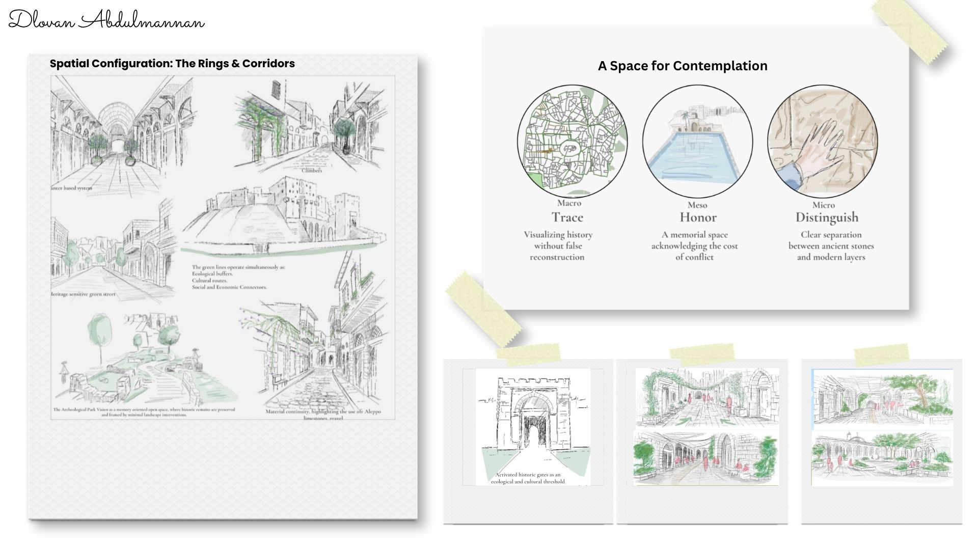 Slide with detailed images of architectural plans and green spaces, creating parks, rivers and green corridors. Diagrams and sketches of these and street views on a white background.