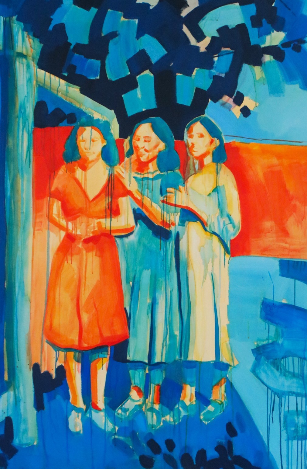 Abstract painting of three women, bright blue and orange tones.