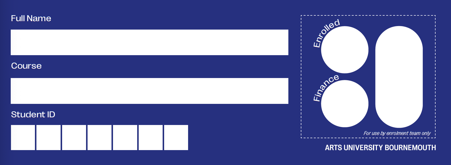 Blue form with white input fields for Full Name, Course, and Student ID. White rounded rectangular shapes arranged in grid pattern on right side.