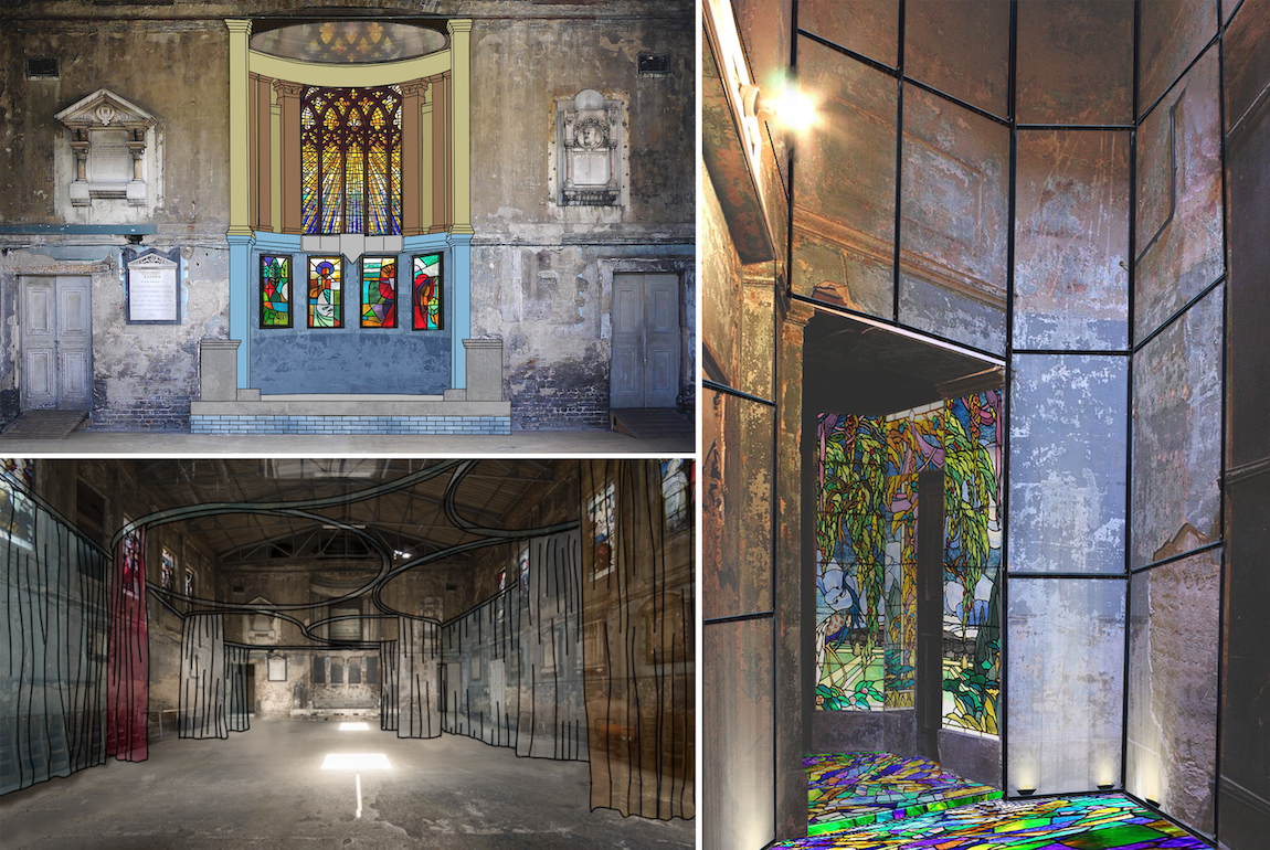 Grid of three interior design concepts of a chapel-like building. Stone walls and memorial plaques, with colourful stained glass windows.