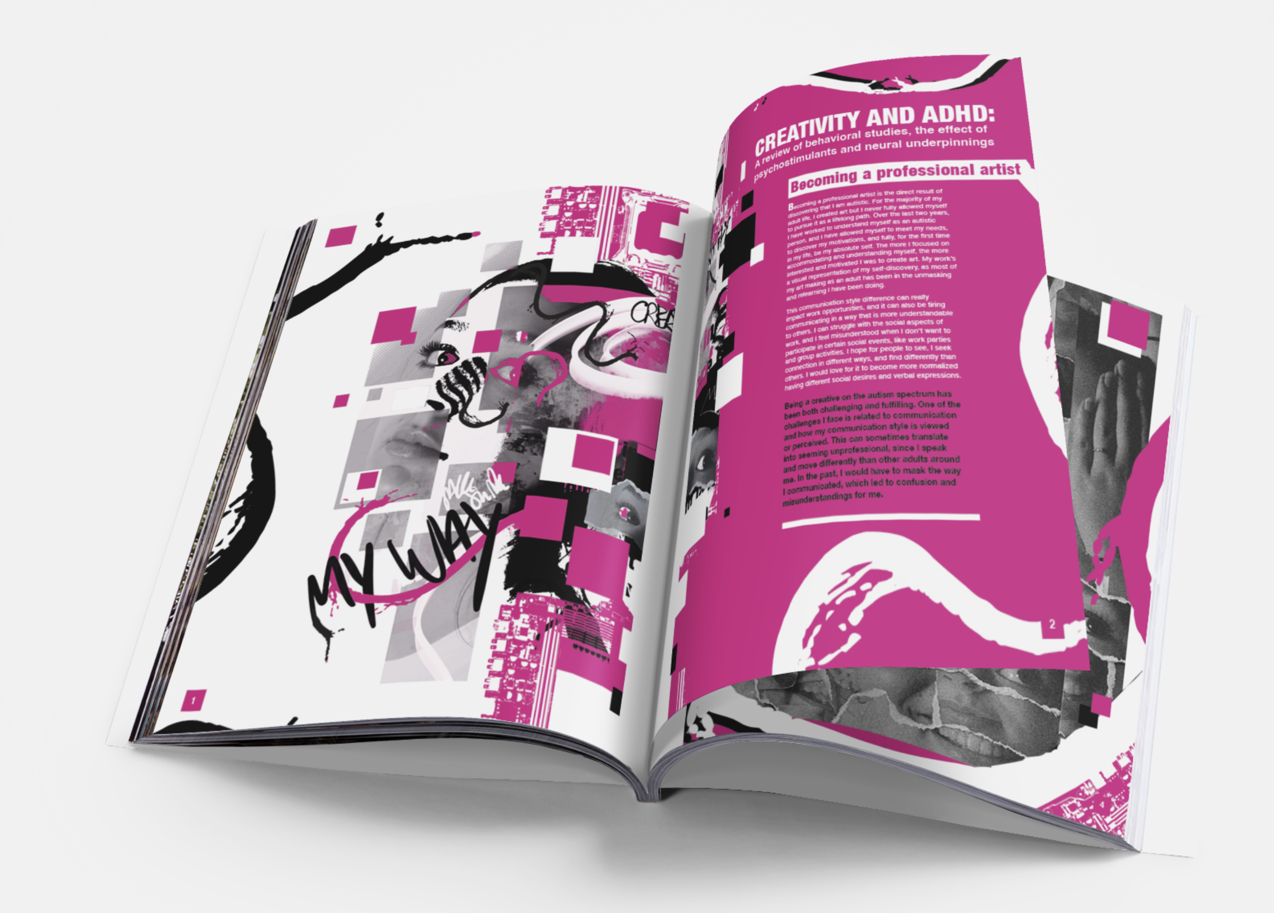 An open book with a bright pink and black magazine spread, featuring the heading ‘Creativity and ADHD’ on the right page and abstract collage graphics, on a white background.