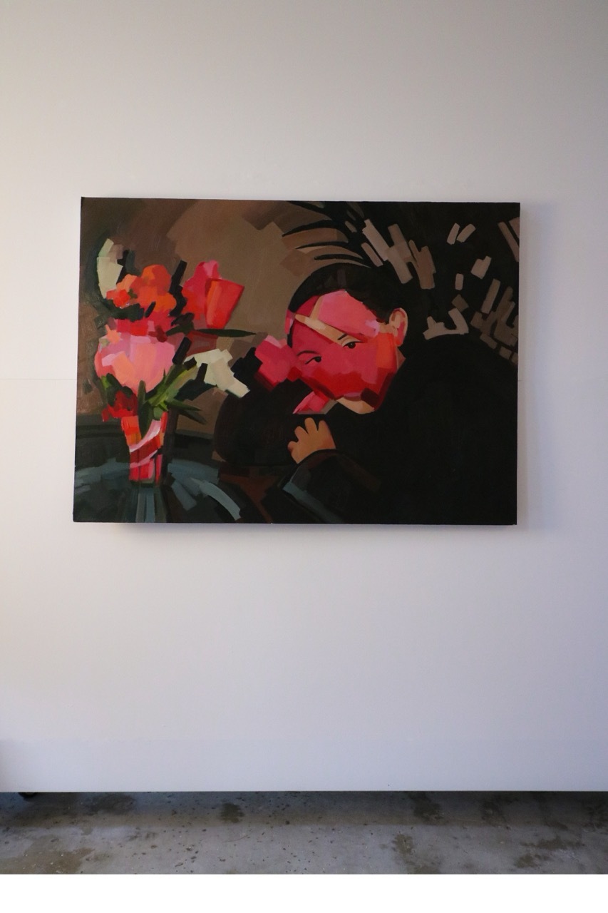 Gallery showcasing a Liz Walker painting, colourful, white walls.