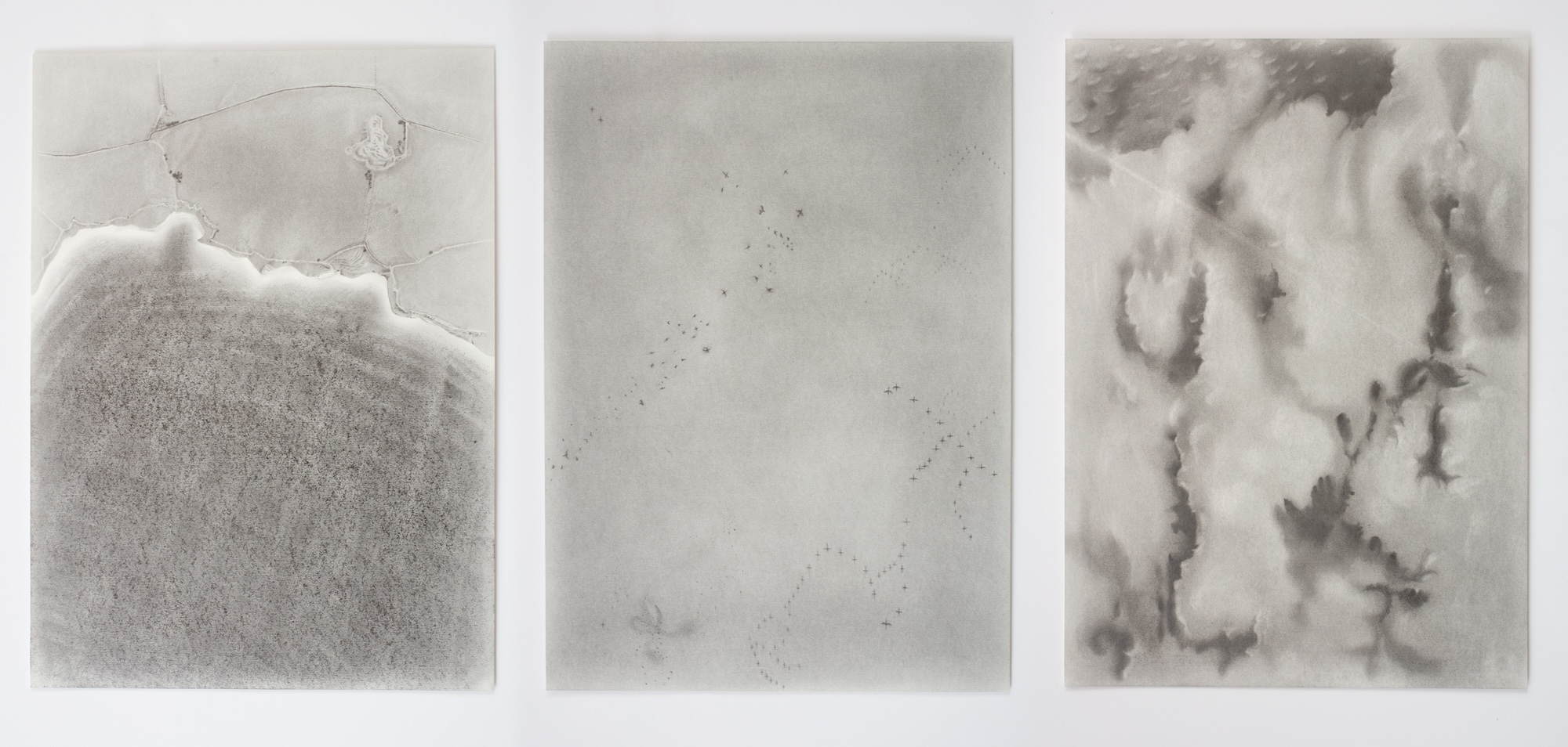 Three abstract drawings on rectangle pages line dup next to each other.