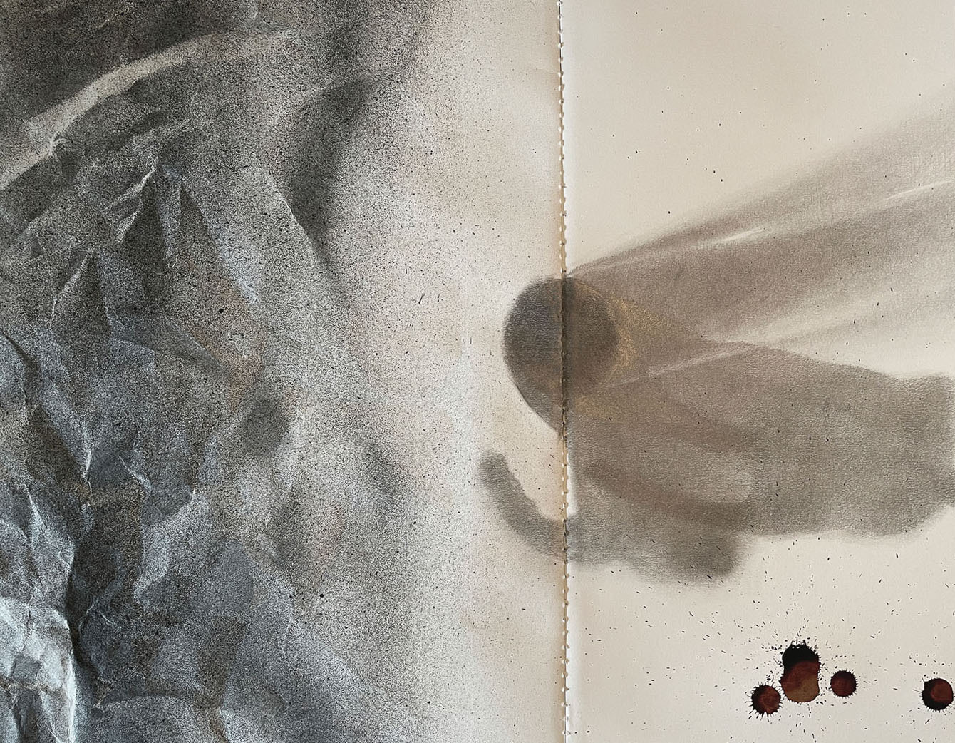 Abstract artwork – drawing, acrylic, inks, sewing thread, coffee on paper.