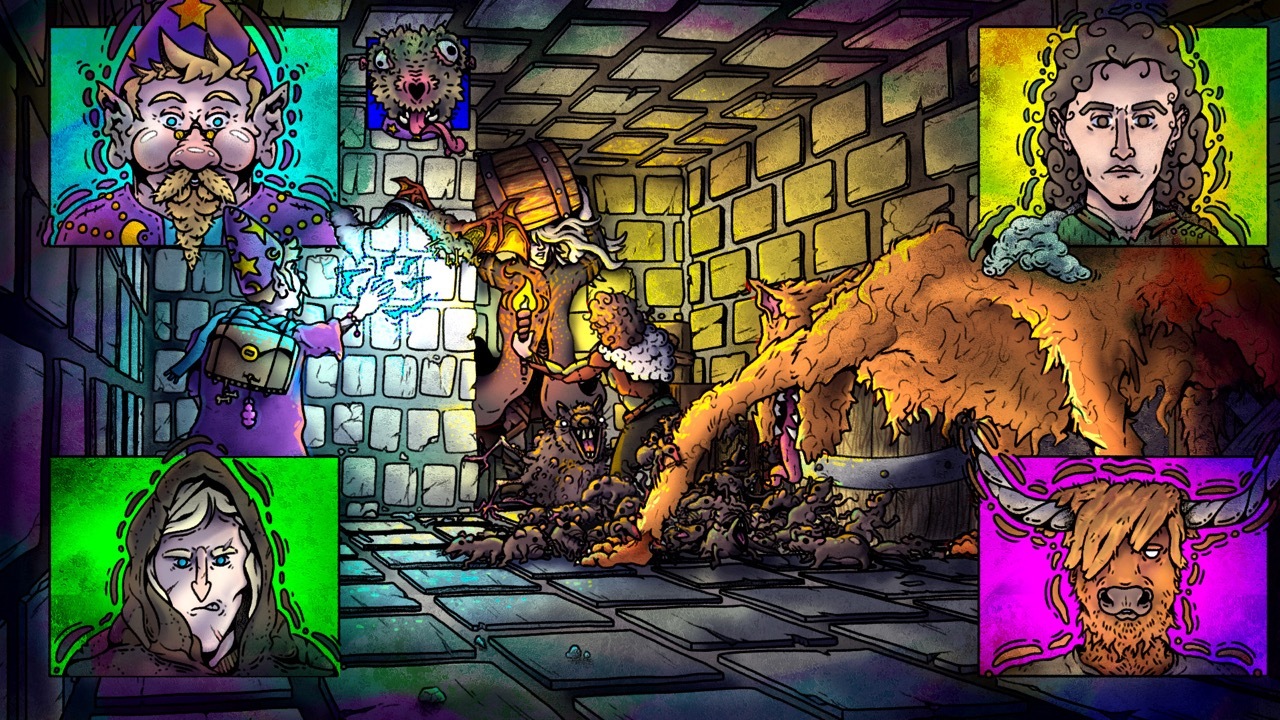 Colourfully illustrated scene with four D&D characters in each corner battling a monster in a dungeon.