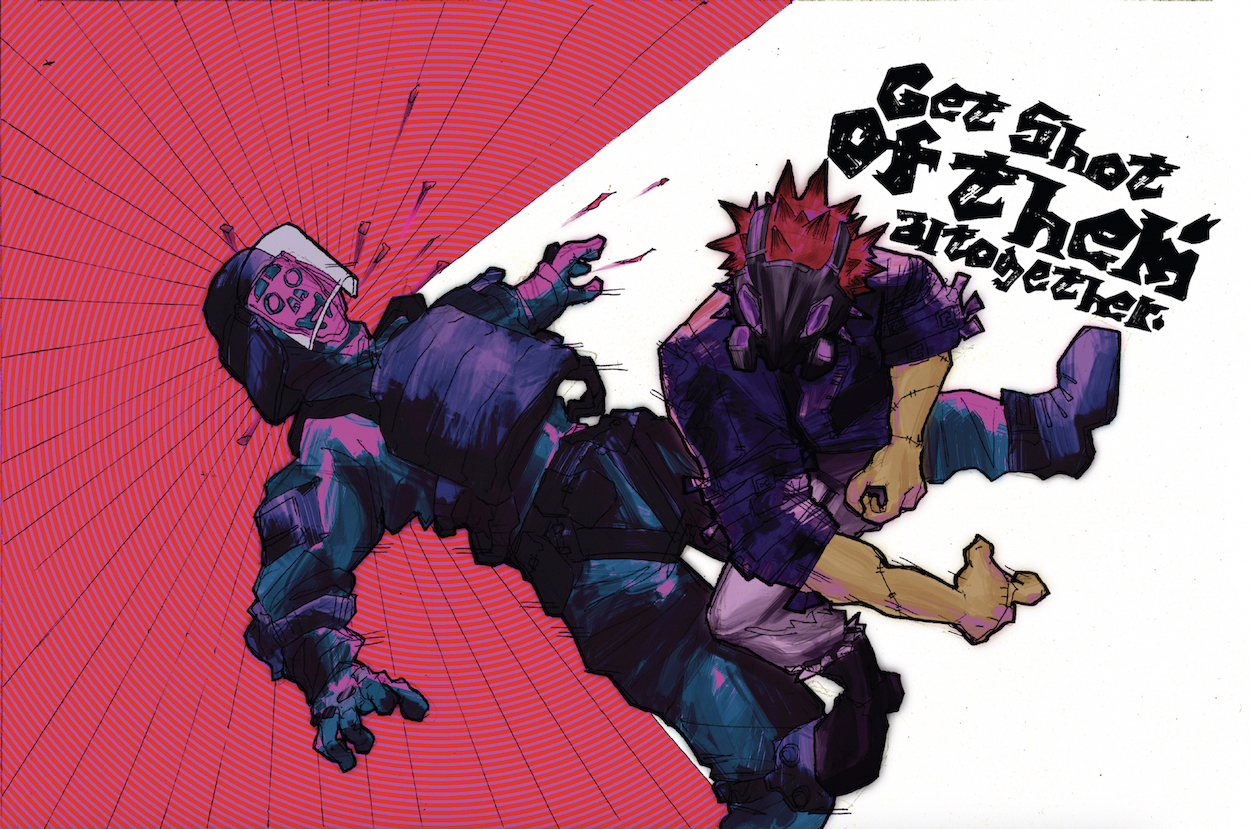 Illustration of two purple characters fighting cartoon-style, one getting knocked out in red, the other against a white background. Text reads 'Get shot of them altogether'.