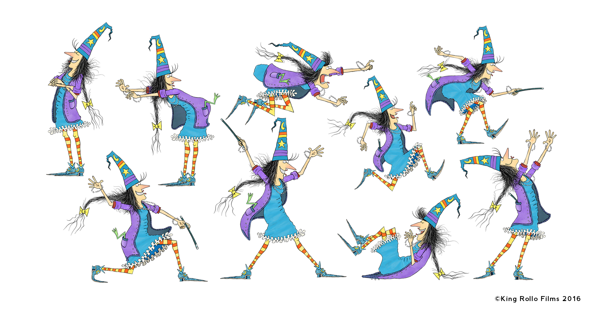 Illustrations of a colourful witch in different movement positions