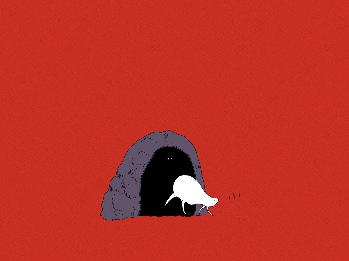 Illustration of a white animal creature walking out of a dark den, red background.