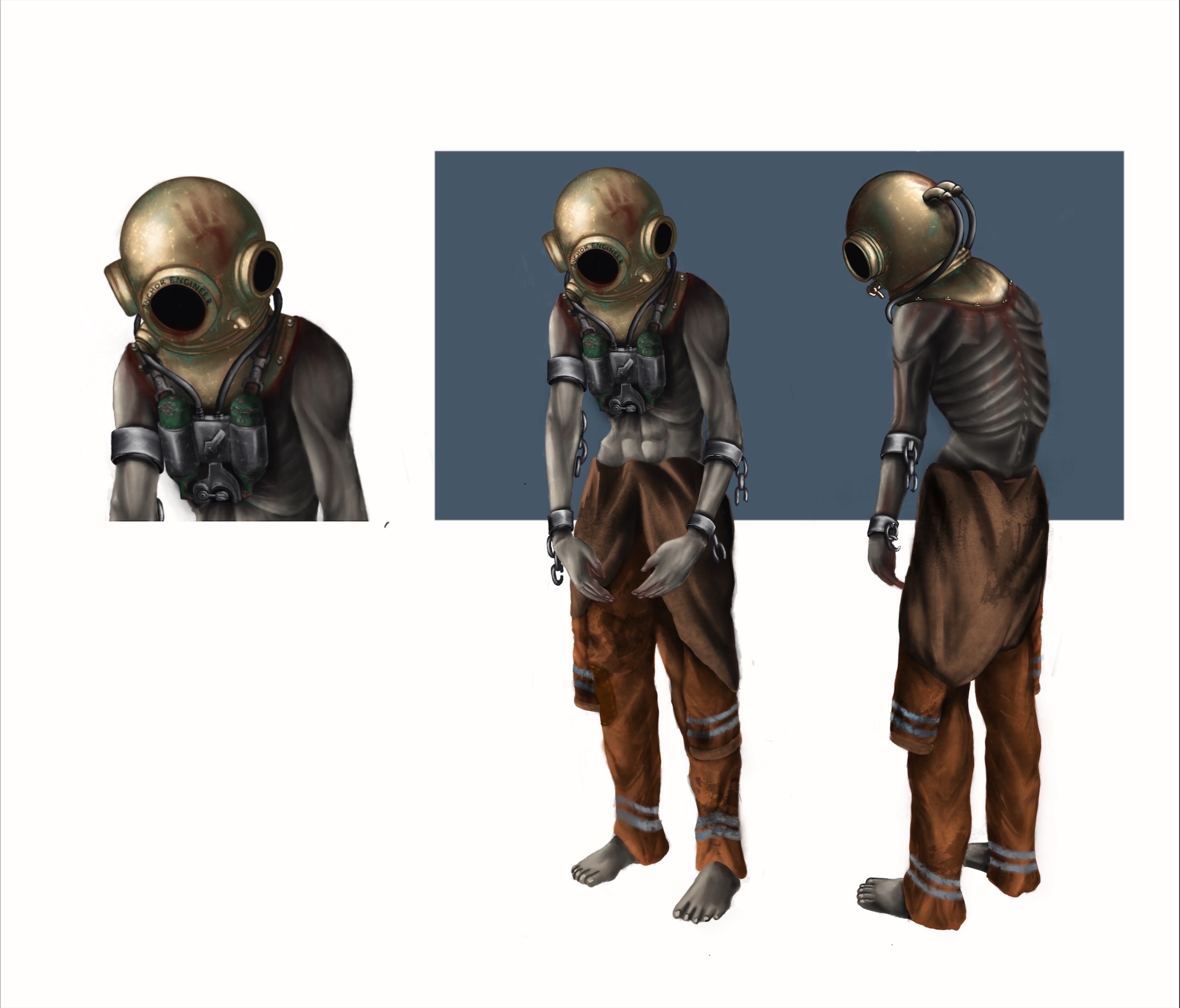 A humanoid character in a brass gas mask and worn brown clothing is shown in front, side and back views on a white background with a grey panel behind the full-body poses.