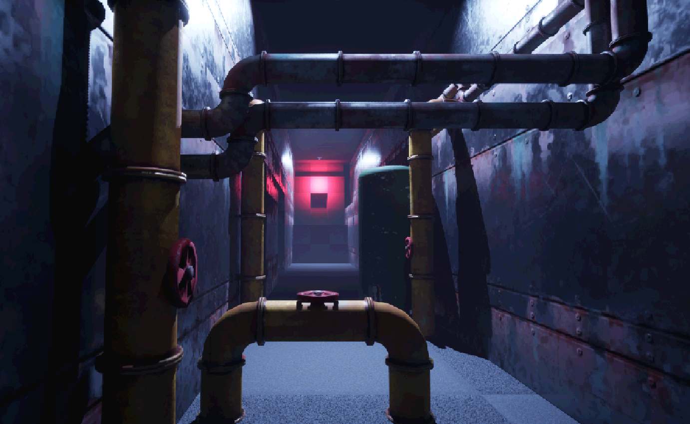 A narrow industrial corridor with large exposed pipes along the walls and ceiling, leading towards a red-lit doorway at the far end.